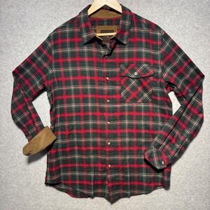 CQR Mens Medium Red Green Plaid Flannel Shirt Corduroy Trim Cotton RN154068